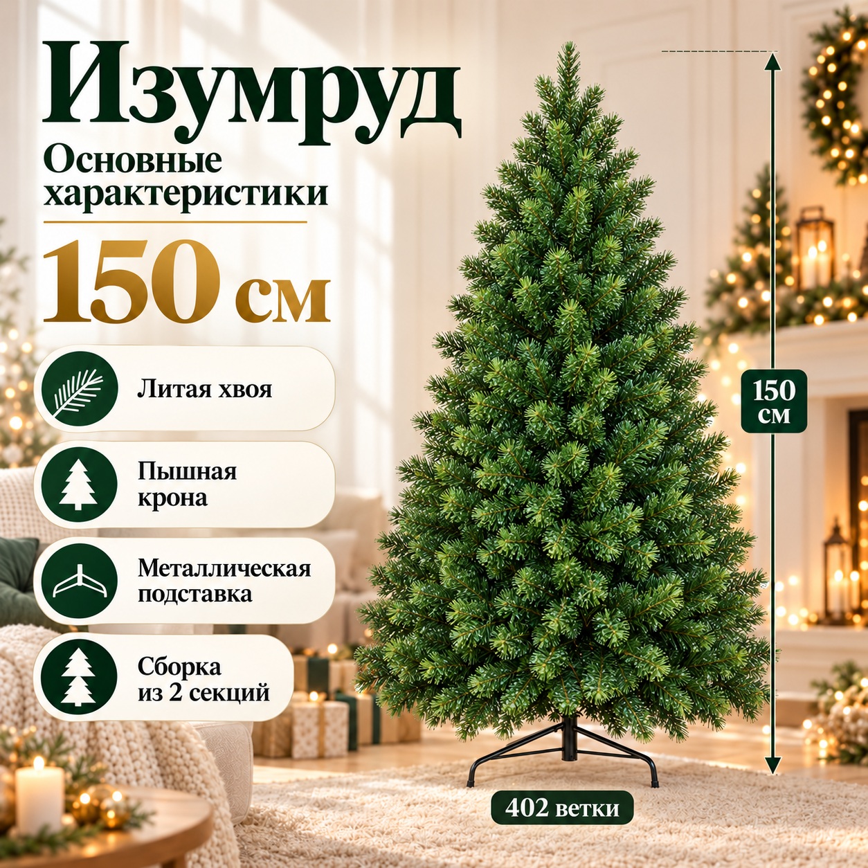 Характеристики искусственной ёлки Изумруд 150 см