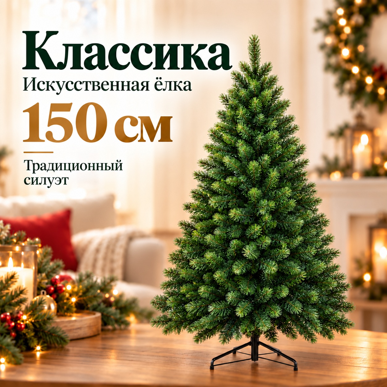 Искусственная ёлка Классика 150 см с зелёной ПВХ-хвоей