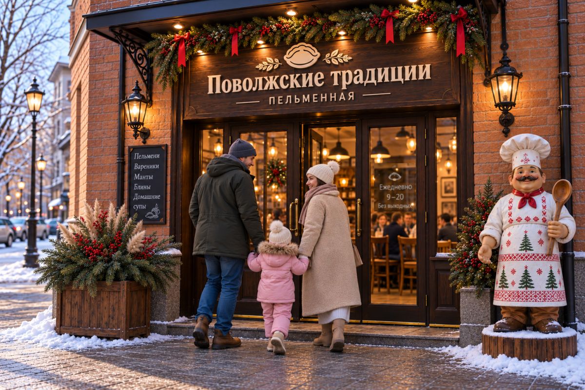 Хвойная композиция в кашпо и новогодняя фигура у входа